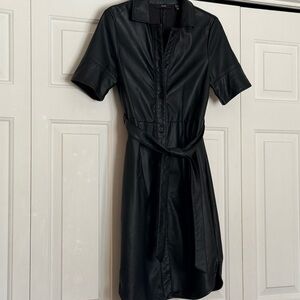 Vero Moda Black Faux Leather Button-Front Tie-Waist Dress